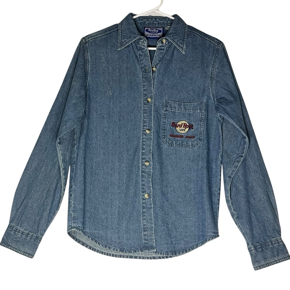 Vintage 90s Hard Rock Cafe Niagra Falls Denim Shirt Size S Button Down Blue Jean